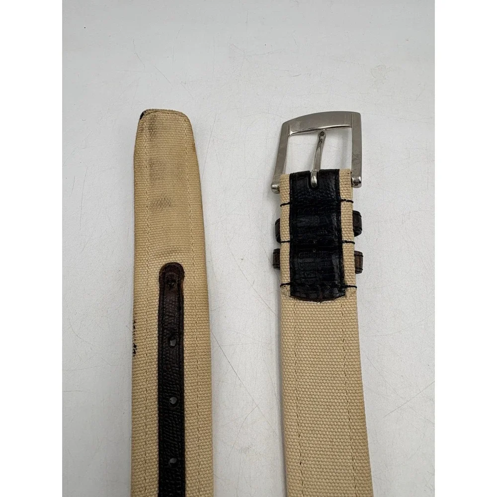 Genuine Italian Leather Lizard Embossed Canvas Belt Size 38 Brown Beige